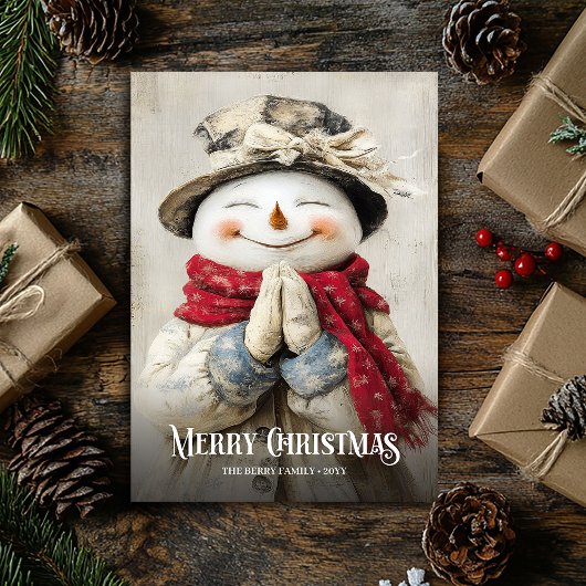 Nostalgic Watercolor Red White Christmas Snowman Feestdagenkaart