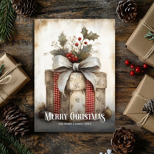 Nostalgic Watercolor Red White Vintage Gift Card   Feestdagenkaart