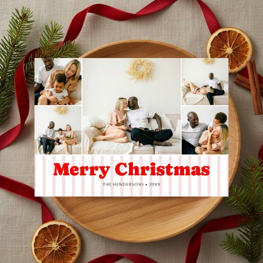 Nostalgie Retro Kerstmis Rode Gestreepte 7 Foto Feestdagenkaart