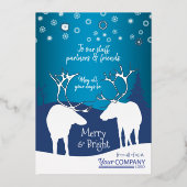 Nostalgisch blauw, wit rendier, bedrijf Logo Folie Feestdagenkaart (Voorkant)