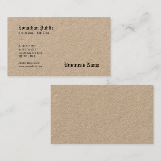 Nostalgisch Bruin Echt Kraft Papier Elegante Sjabl Visitekaartje (Voorkant / Achterkant)