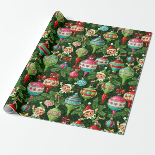 Nostalgisch Kerstmis: Elfen & Versieringen Cadeaupapier (Uitgerold)