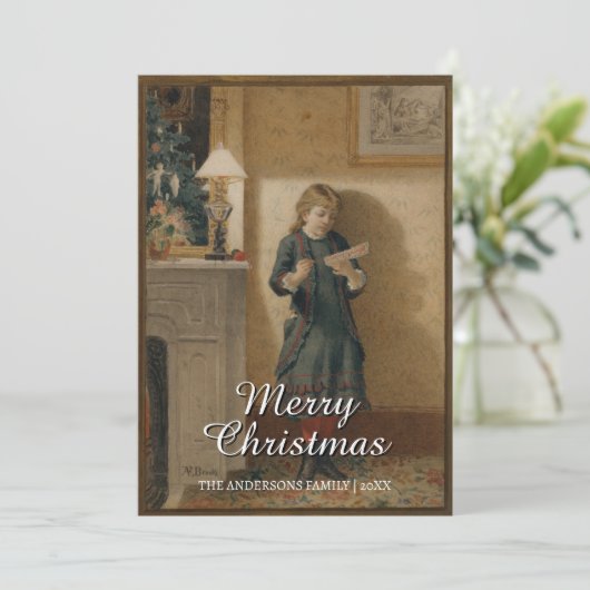 Nostalgisch  kind met kerstgroet feestdagenkaart (Staand voorkant)