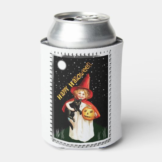 Nostalgisch klein meisje, Jack-o’-lantaarn en kat Blikjeskoeler (Blikje Voorkant)