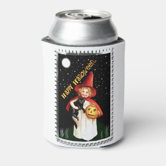 Nostalgisch klein meisje, Jack-o’-lantaarn en kat Blikjeskoeler (Blikje Achterkant)