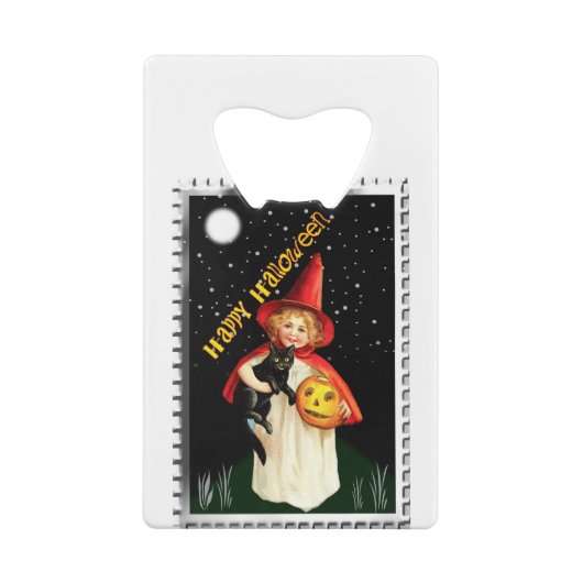 Nostalgisch klein meisje, Jack-o’-lantaarn en kat Creditkaart Flessenopener (Achterkant)