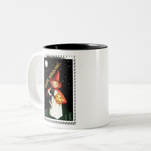 Nostalgisch klein meisje, Jack-o’-lantaarn en kat Tweekleurige Koffiemok (Voorkant links)