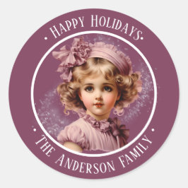 Nostalgisch  meisje in roze aangepaste tekst stick ronde sticker