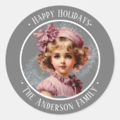 Nostalgisch  meisje in roze aangepaste tekst stick ronde sticker (Voorkant)