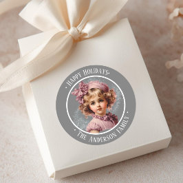 Nostalgisch  meisje in roze aangepaste tekst stick ronde sticker