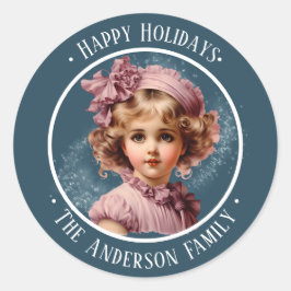 Nostalgisch  meisje in roze aangepaste tekst stick ronde sticker