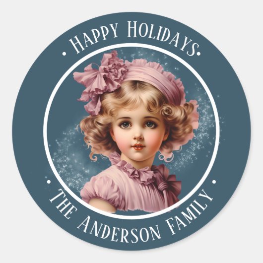 Nostalgisch  meisje in roze aangepaste tekst stick ronde sticker (Voorkant)