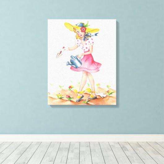  Nostalgisch Meisje in Tuin Verpakt Canvas Afdruk (Insitu (Houten vloer))