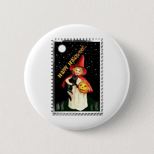 Nostalgisch Meisje, Jack-o'-lantern en Kat Ronde Button 5,7 Cm (Voorkant)