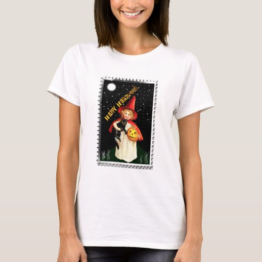 Nostalgisch Meisje, Jack-o’-lantern en Kat T-shirt (Voorkant)
