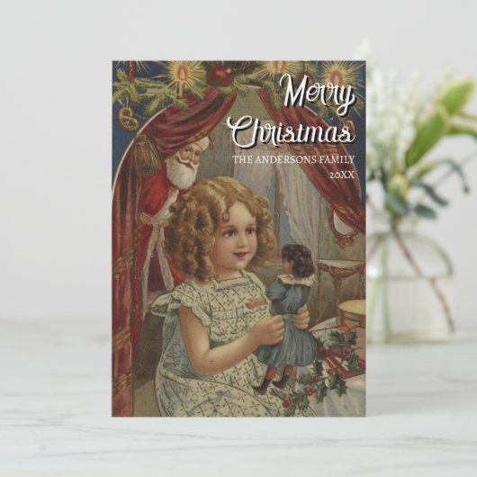 Nostalgisch  meisje, kerstman en pop feestdagenkaart (Staand voorkant)