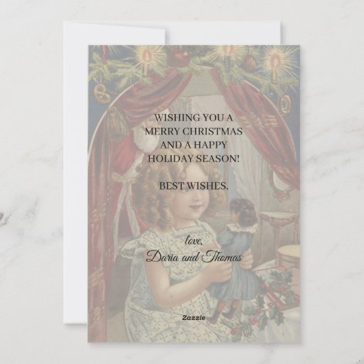Nostalgisch meisje, kerstman en pop feestdagenkaart (Achterkant)