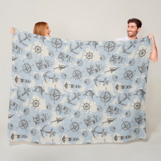 Nostalgisch nautisch blauw patroon fleece deken (In situ)