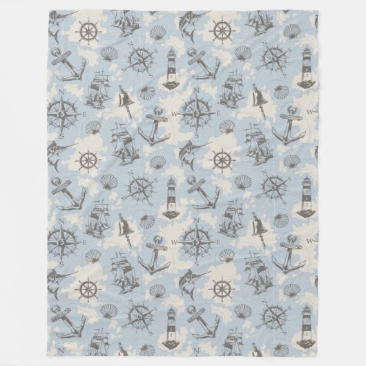 Nostalgisch nautisch blauw patroon fleece deken (Voorkant)