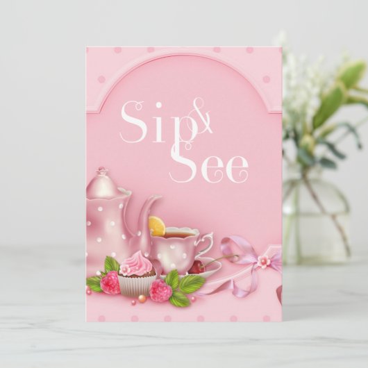 Nostalgisch roze theepartijtje Sip en zie Baby sho Kaart (Staand voorkant)