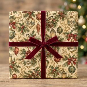 Nostalgisch Vintage Kerst Vogels en Ornamenten Cadeaupapier