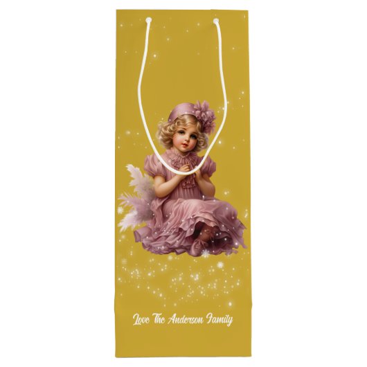 Nostalgisch Vrolijk Kerstfeest in vorst roze Wijn Cadeautas (Achterkant)