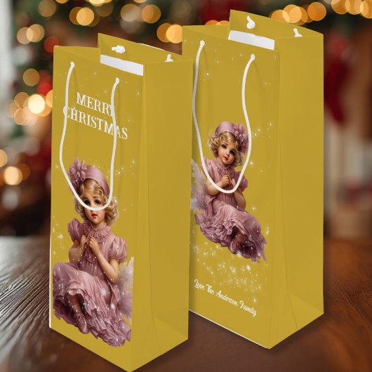 Nostalgisch Vrolijk Kerstfeest in vorst roze Wijn Cadeautas