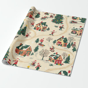 Nostalgisch Winterdorp Rood Groen Goud Patroon Cadeaupapier