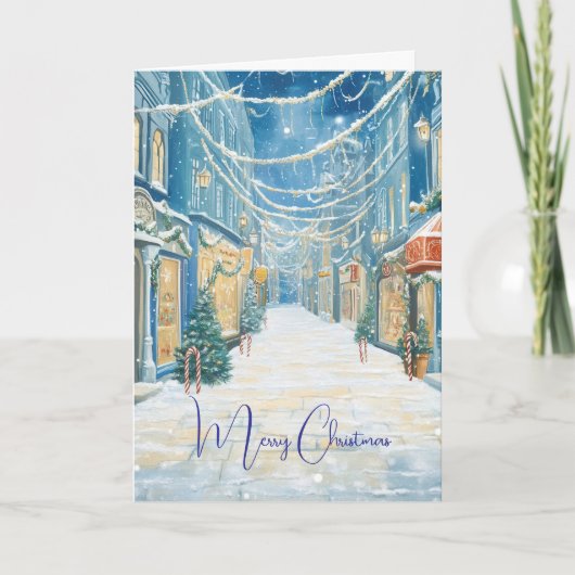 Nostalgische Blauwe Kerstkaart voor op straat Kaart (Voorkant)