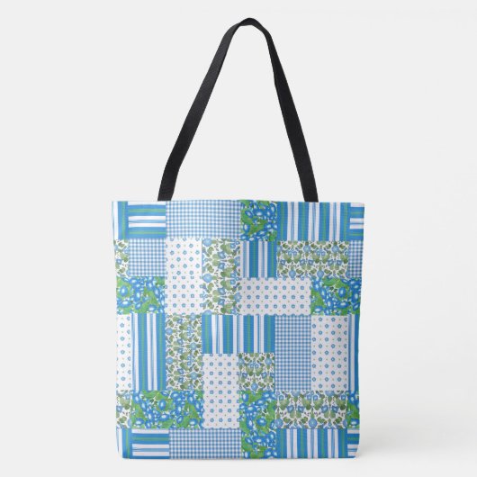 Nostalgische Blauwe Morning Glory Faux Patchwork Tote Bag (Voorkant)