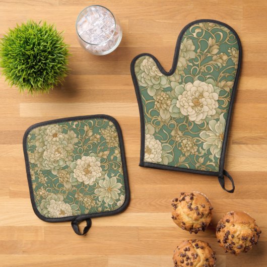 Nostalgische bloemen in  tinten ovenwant & pannenlap set (Top down)