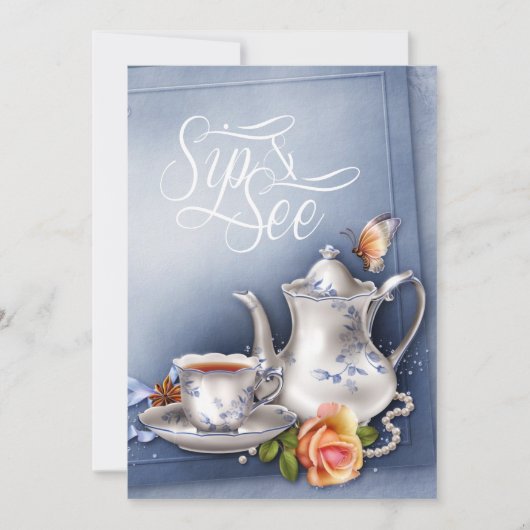 Nostalgische Blue Tea Party Sip en See Baby shower Kaart (Voorkant)