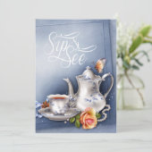 Nostalgische Blue Tea Party Sip en See Baby shower Kaart (Staand voorkant)