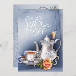 Nostalgische Blue Tea Party Sip en See Baby shower Kaart