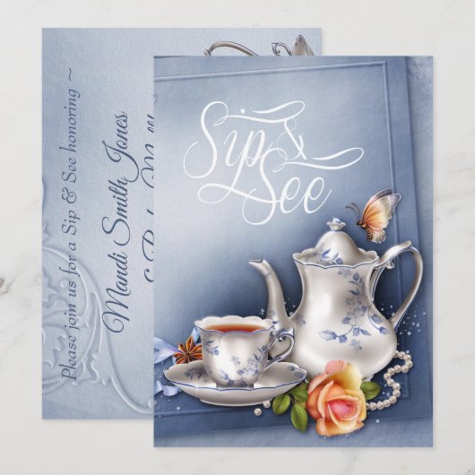Nostalgische Blue Tea Party Sip en See Baby shower Kaart (Voorkant / Achterkant)