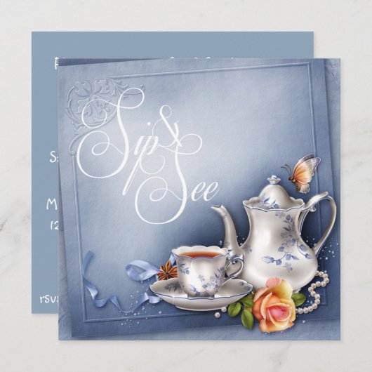 Nostalgische Blue Tea Time Sip en See Baby shower Kaart (Voorkant / Achterkant)