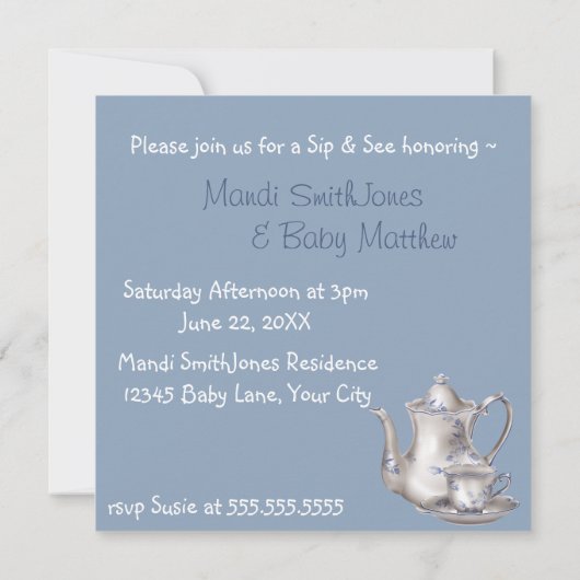 Nostalgische Blue Tea Time Sip en See Baby shower Kaart (Achterkant)