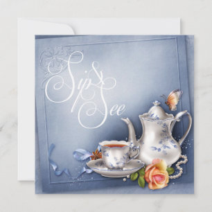 Nostalgische Blue Tea Time Sip en See Baby shower Kaart