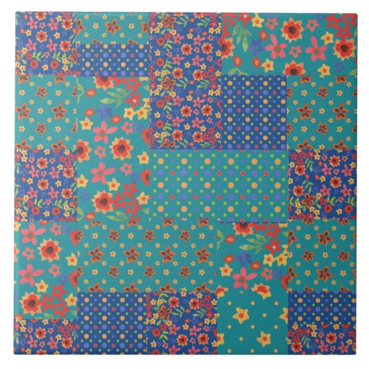 Nostalgische Faux Patchwork Patroon Ceramic Tile Tegeltje (Voorkant)