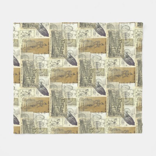 Nostalgische  fietser en fietsenwiel en collage fleece deken (Voorkant (Horizontaal))