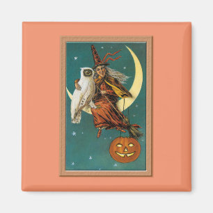 Nostalgische Gelukkige Halloween Heks & Uil Magneet