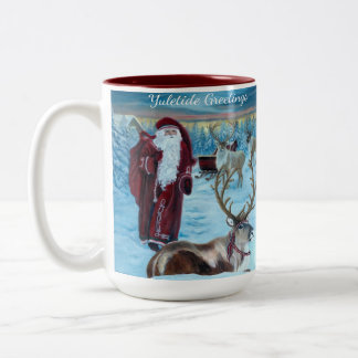 Nostalgische geschilderde kerstman en rendier 15 o tweekleurige koffiemok