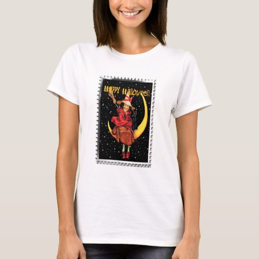 Nostalgische Halloween Goede Heks en haar Kat T-shirt (Voorkant)