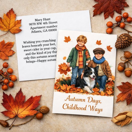 Nostalgische herfst waterverf kinderen & bordercol briefkaart