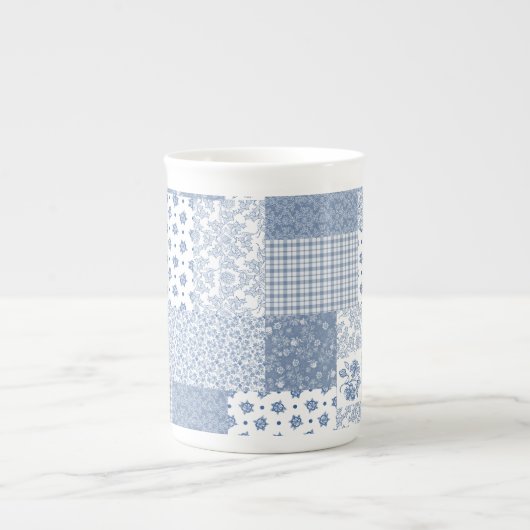 Nostalgische Indigo Faux Patchwork Bone China Mok (Voorkant)