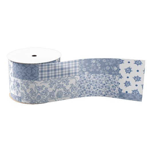 Nostalgische Indigo Faux Patchwork Grosgrain Ribbo Lint (Spoel)