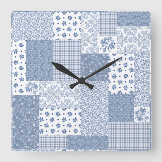 Nostalgische Indigo Faux Patchwork Square Wall klo Vierkante Klok (Voorkant)