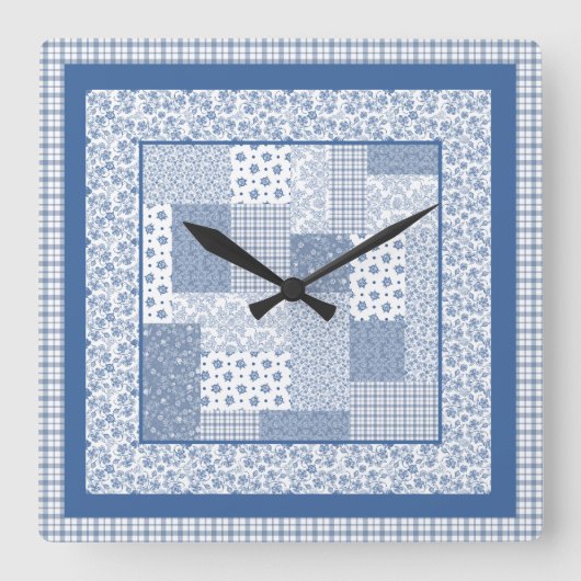 Nostalgische Indigo Faux Patchwork Square Wall klo Vierkante Klok (Voorkant)