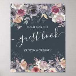 nostalgische indigoblush bloemige trouwgastenboek poster