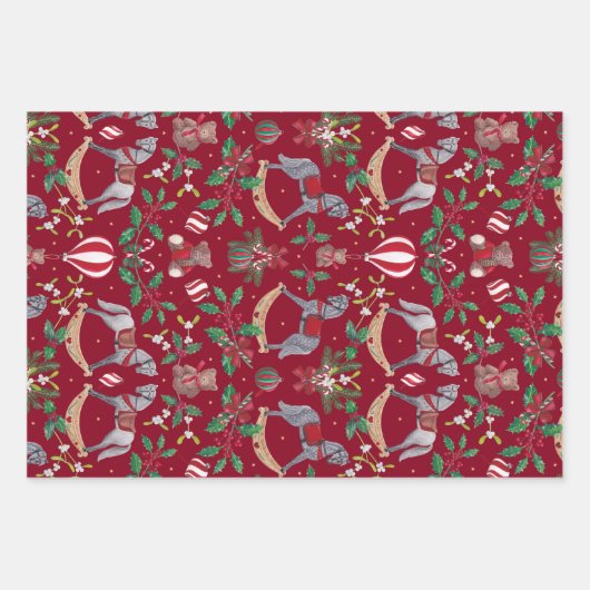 Nostalgische kerst Rocking Horse Beer feestelijk Inpakpapier Vel (Voorkant 3)